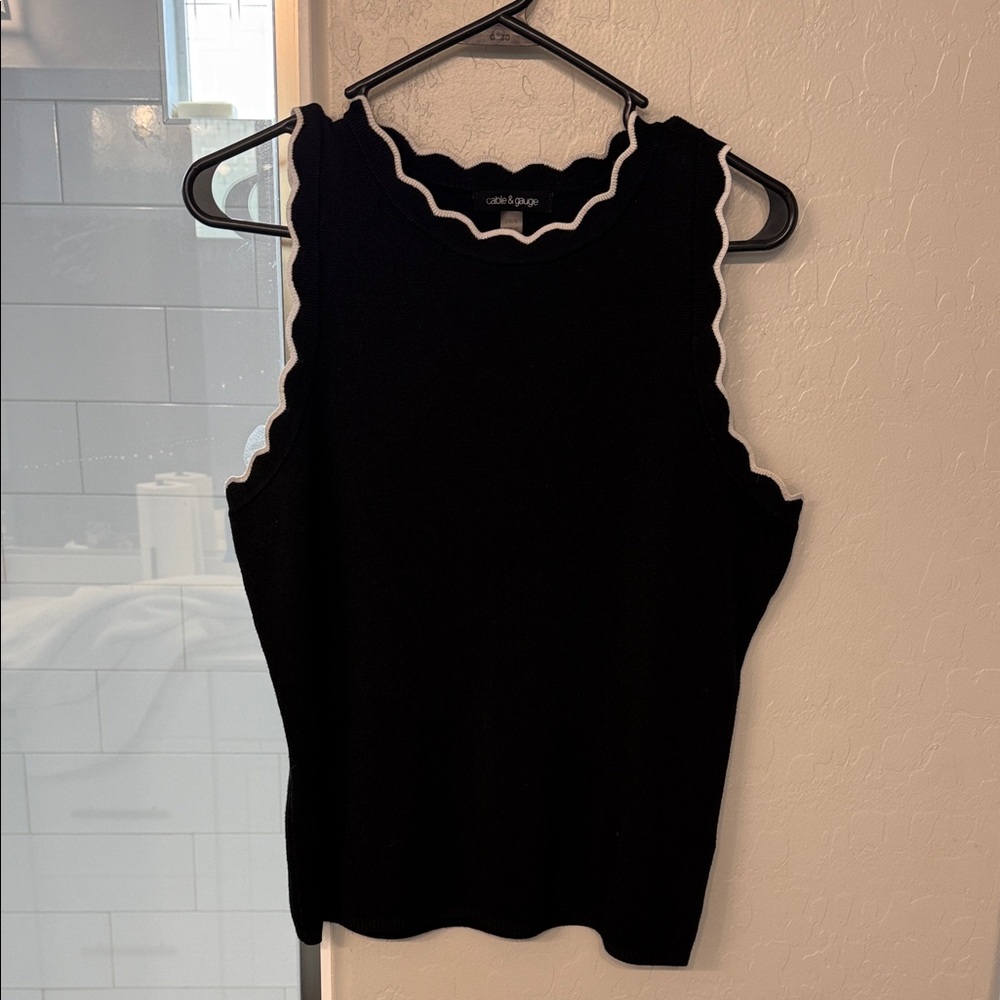 Cable and Gauge Black Tank Top with White Scallop Trim